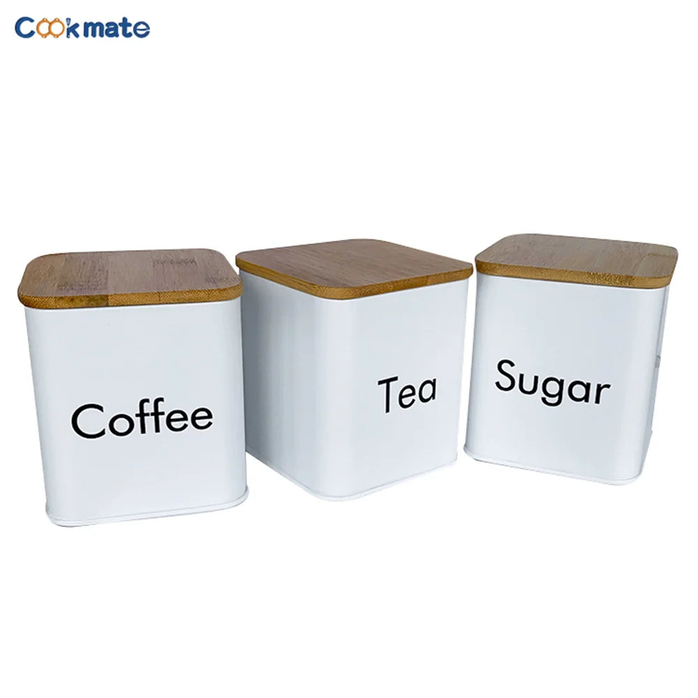 Set di Contenitori Ermetici in Metallo per Caffè, Tè e Zucchero con Coperchi in Bambù, 3 Barattoli per Piano di Lavoro
