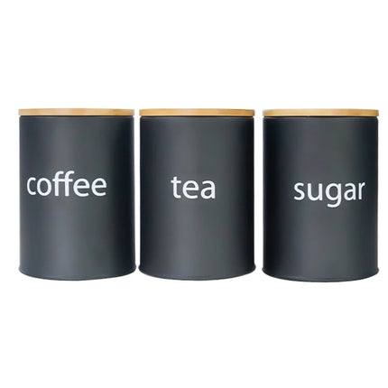 Metal Airtight Container Set for Coffee, Tea, and Sugar with Bamboo Lids, 3 Countertop Jars