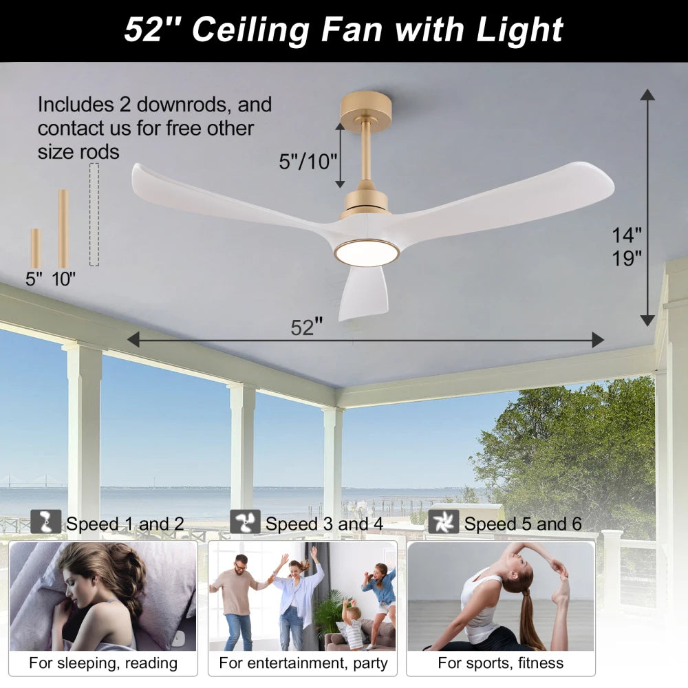 Ventilatore da soffitto bianco-oro da 52 pollici con luce e telecomando, funzione di memoria, motore DC silenzioso e reversibile, 3 pale in ABS, moderno ventilatore da soffitto per interni ed esterni con luce per camera da le