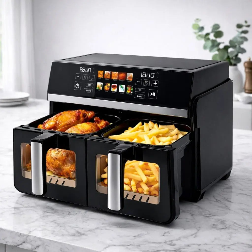 Doppelkorb-Heißluftfritteuse 5+5L, intelligenter Touchscreen, Sichtfenster und einstellbare Bedienelemente, 2200W