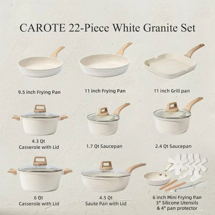 Set di 3-7 pentole e padelle antiaderenti in granito bianco per induzione, con padelle e casseruola