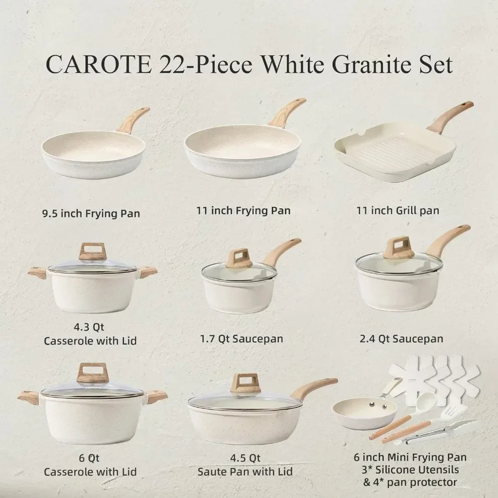 Set di 3-7 pentole e padelle Set di pentole antiaderenti Pentole a induzione in granito bianco Set da cucina antiaderente con padelle e casseruola