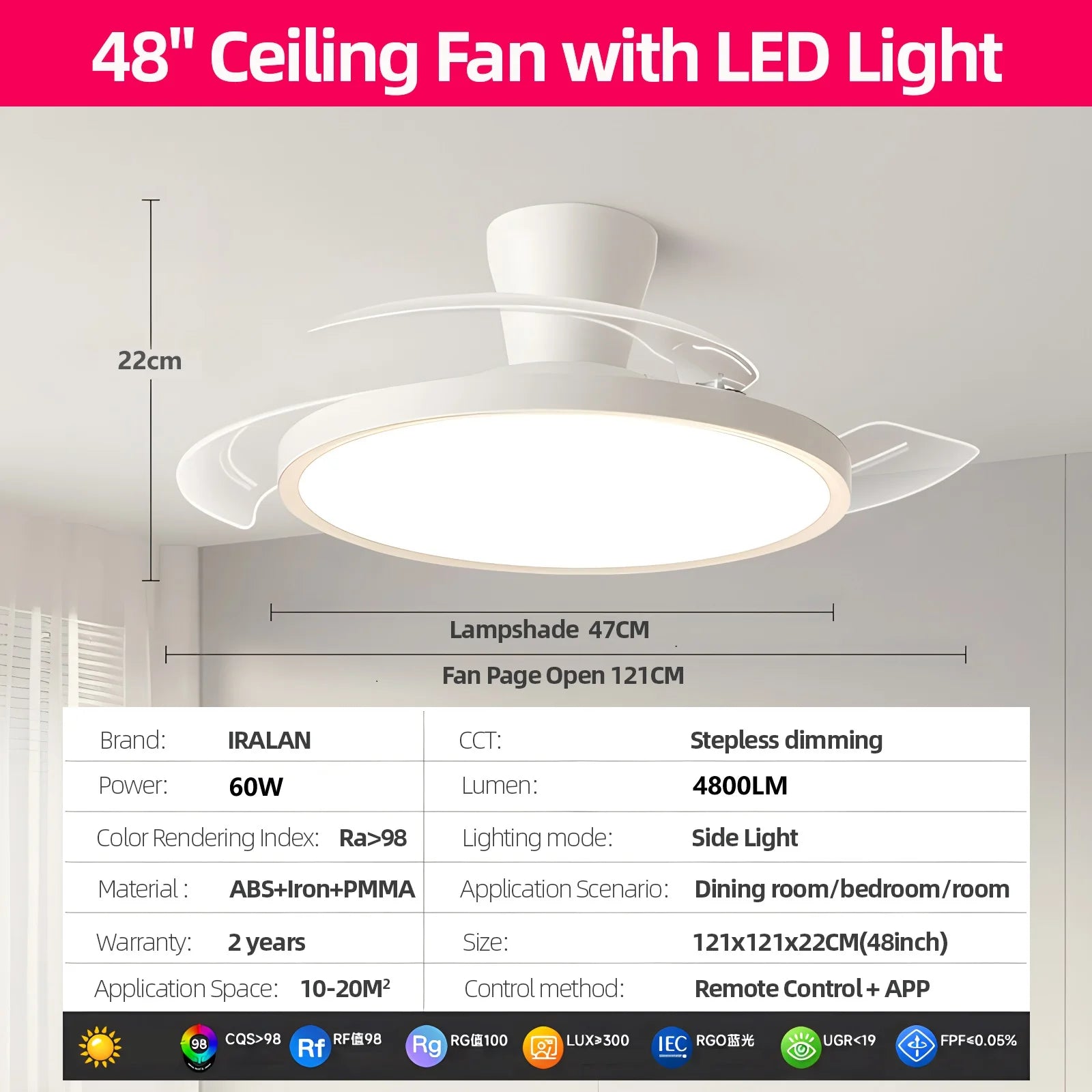 IRALAN Plafoniere con ventilatore Pala del ventilatore retrattile intelligente Ventilatore elettrico domestico dimmerabile con telecomando Luce da soggiorno a LED