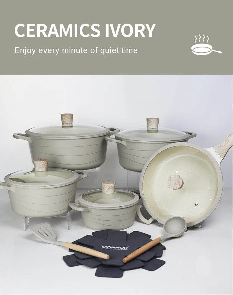 Donnor Set di pentole da 15 pezzi Set di pentole antiaderenti serie Wave Casseruola con rivestimento in granito Utensili da cucina senza fumo