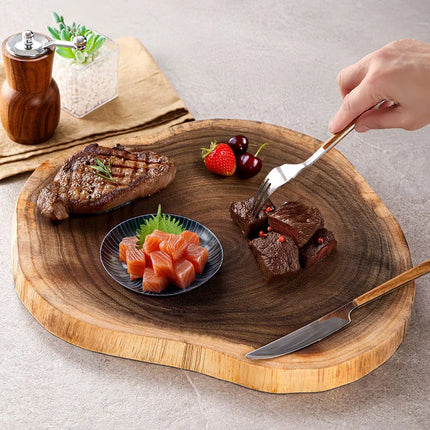 Vassoio da portata in legno massello naturale con grano unico, piatto da bistecca in legno irregolare fatto a mano, tagliere, utensili da cucina per ristoranti