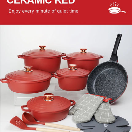DONNOR 18 Pieces Nonstick Die Casting Aluminum Cookware Set Large Dutch Oven Pot with Lid and Handle for All Stoves Durable Casserole JT274