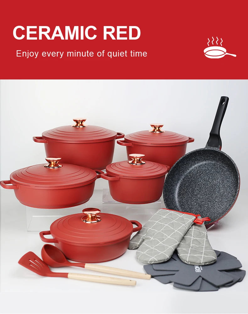 DONNOR 18-teiliges Antihaft-Aluminiumguss-Kochgeschirr-Set, großer holländischer Ofentopf mit Deckel und Griff für alle Herdarten, robuste Kasserolle JT274