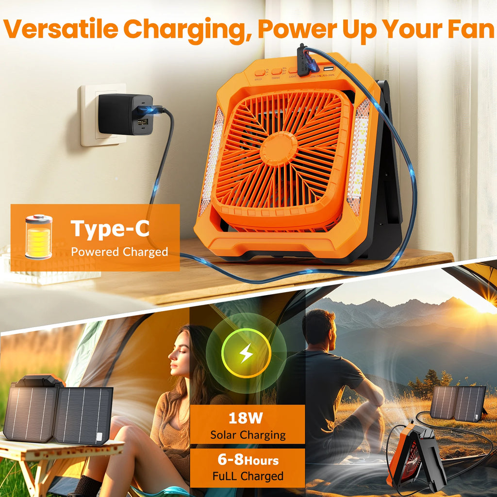 Ventilatore Portatile Ricaricabile 26800mAh con Pannello Solare 2-in-1