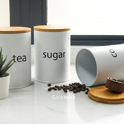 Metal Airtight Container Set for Coffee, Tea, and Sugar with Bamboo Lids, 3 Countertop Jars