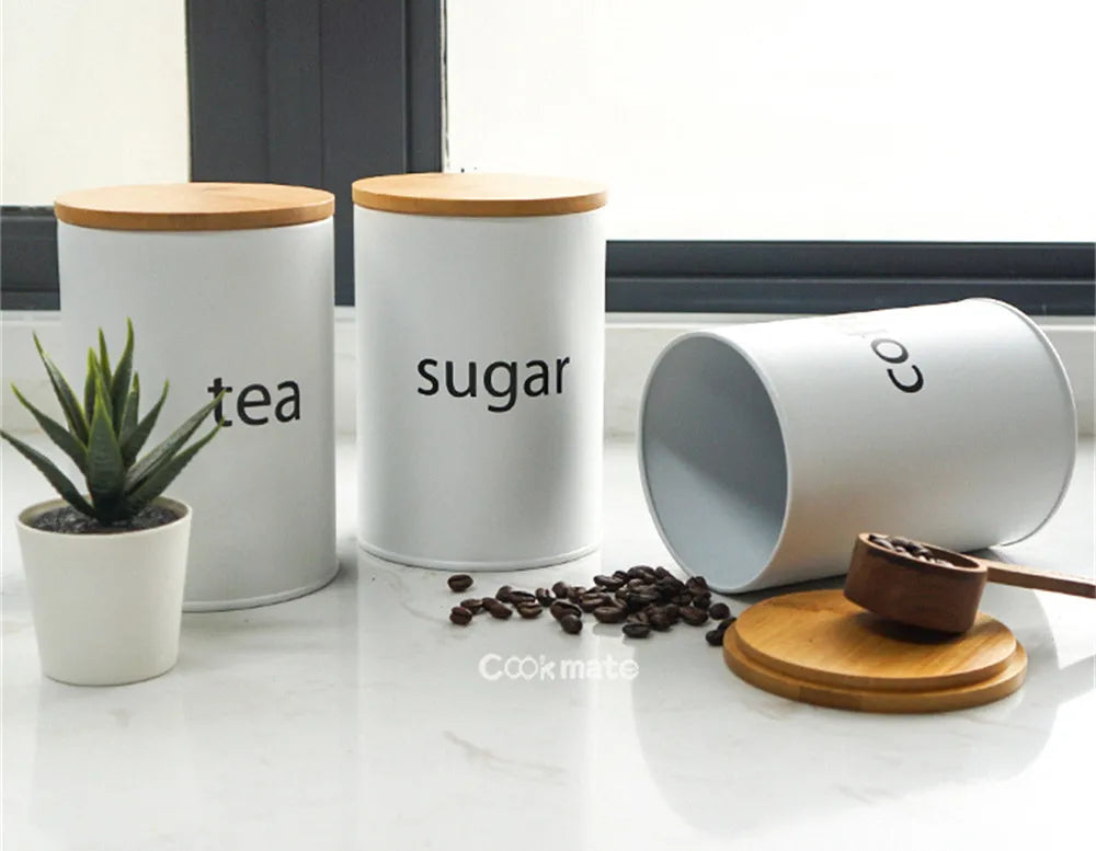Set di Contenitori Ermetici in Metallo per Caffè, Tè e Zucchero con Coperchi in Bambù, 3 Barattoli per Piano di Lavoro