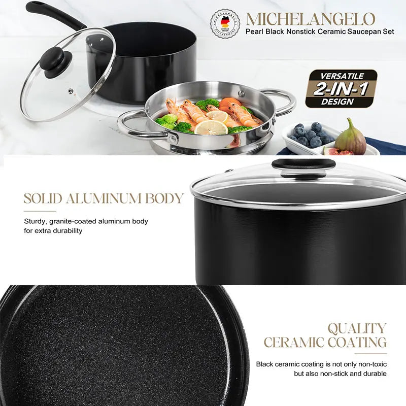 Set di pentole da cucina nere da 3 pezzi Set di pentole antiaderenti da 1QT, 2QT e 3QT Set di pentole per zuppe e latte con coperchio in vetro temperato
