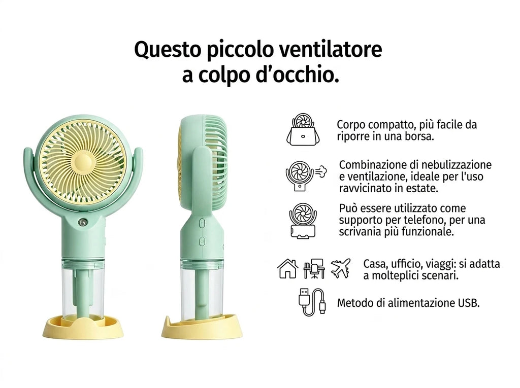 Ventilatore portatile a spruzzo, potente mini ventilatore da tavolo USB, flusso d'aria a 3 velocità, perfetto per casa, ufficio, camera da letto e viaggi all'aperto.