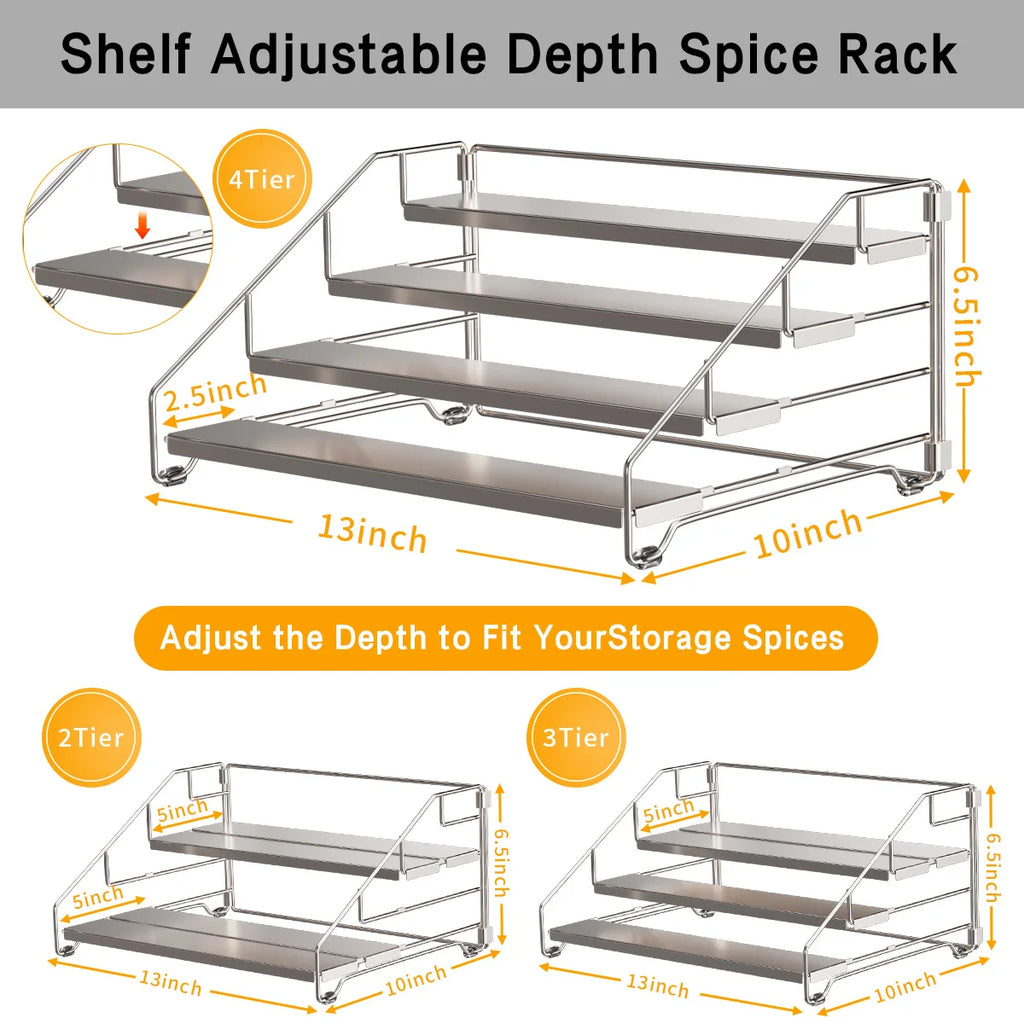 4-stöckiges Stand-Gewürzregal aus Edelstahl für die Küche, Einbau-Kräutertiegelhalter, Wand-Organizer