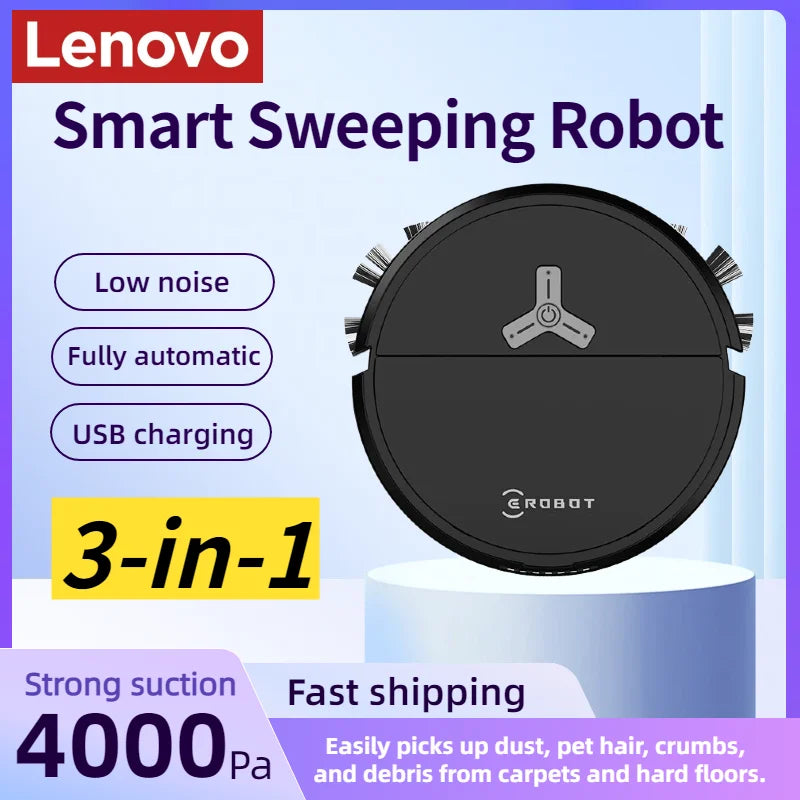 Lenovo Intelligenter 3-in-1 Saugroboter, 4000Pa Roboter-Staubsauger für Teppiche und Hartböden, Haushaltsreinigungsgerät