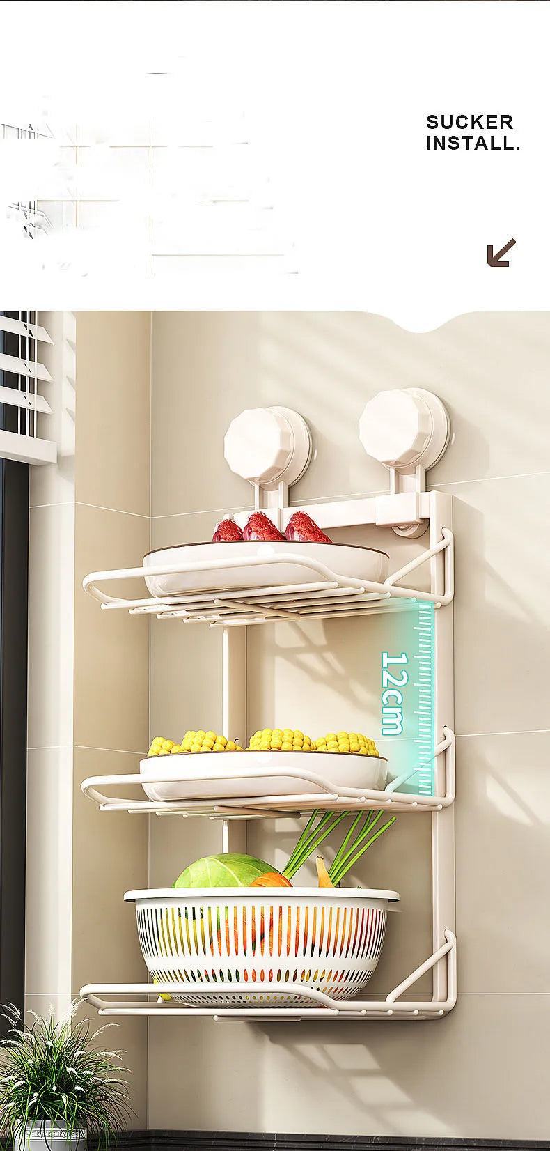Ventosa multistrato Cucina Rastrelliere per verdure Frutta Parete angolare Vassoio per frutta Scaffale da cucina rimovibile Utensili senza trapano