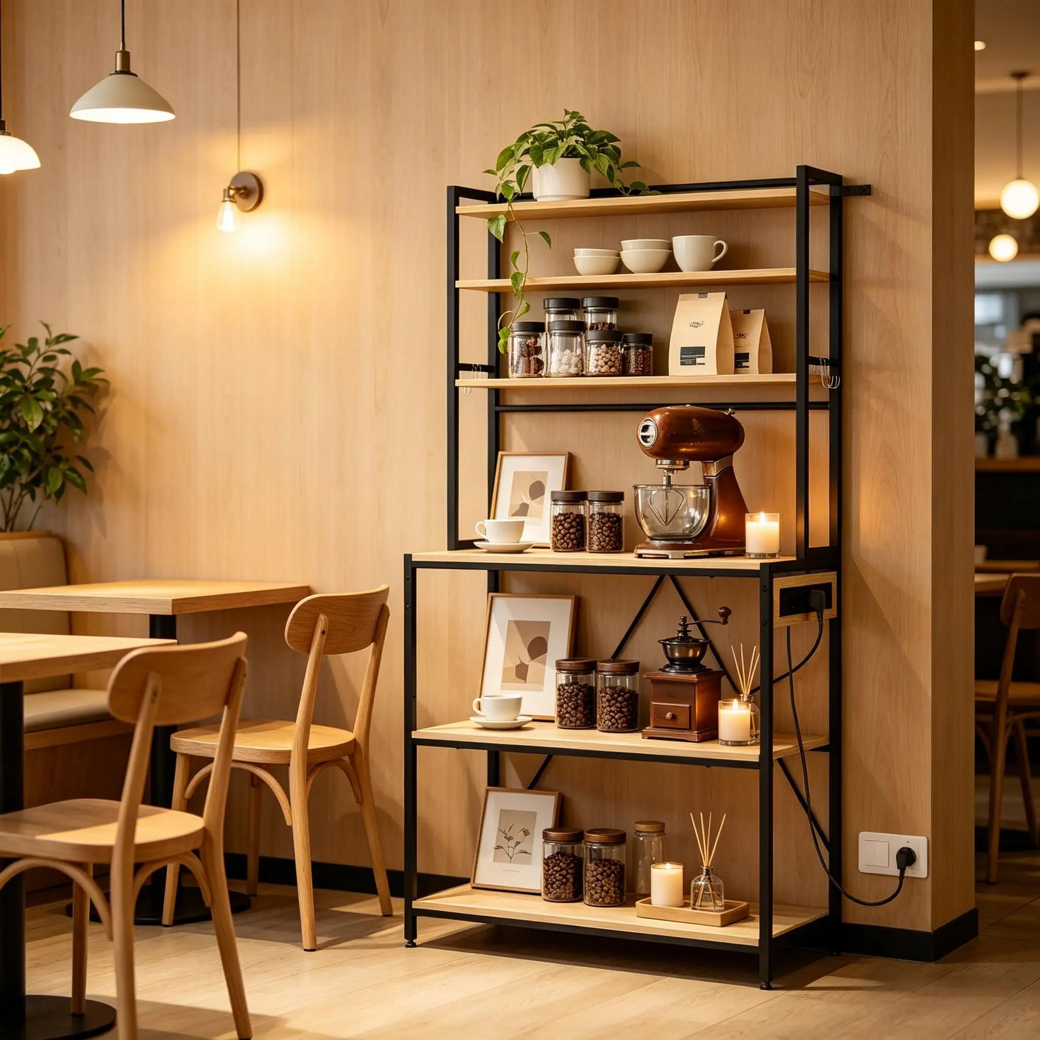 Modernes Ausstellungsregal, Kaffeestation, Küchenregal mit Steckdosen, Küchenschrank – Mini-Arbeitsstation für Kaffee und Geräteorganisation