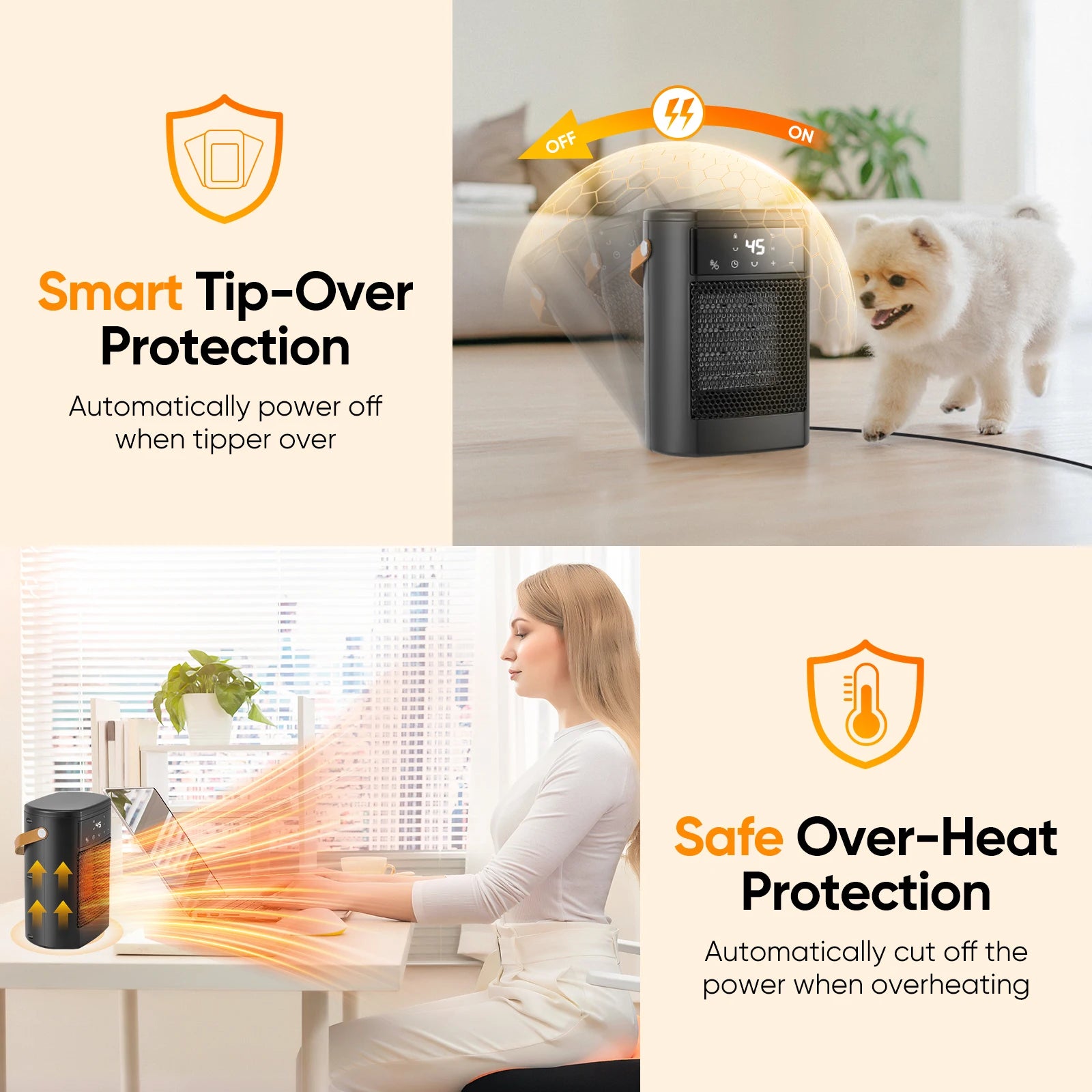 Ventilatore con telecomando, 1500W, 3 modalità di riscaldamento, timer 12H, 70 °   oscillazione, ventola PTC Risparmio energetico, protezione da surriscaldamento inclinabile