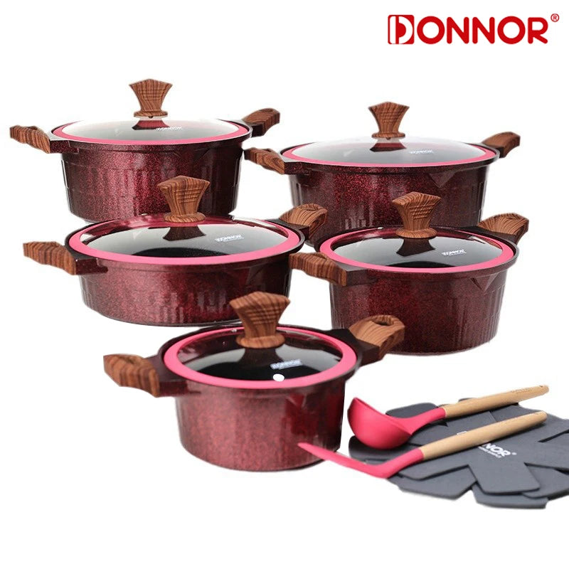 DONNOR Set di Pentole 6/15 Pezzi Pentola per Zuppa Antiaderente Pentola per Stufato con Coperchio in Vetro Pentole per Cappotto Sano in Granito per Stufe da Cucina Universali