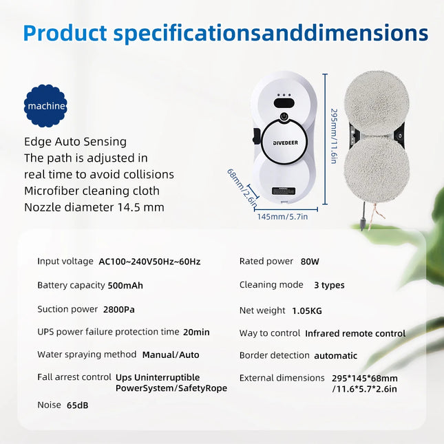 DIVEDEER Window Cleaner Robot with Smart Water Spray High Suction Electric Window Vacuum Double-Sided Glass Cleaner