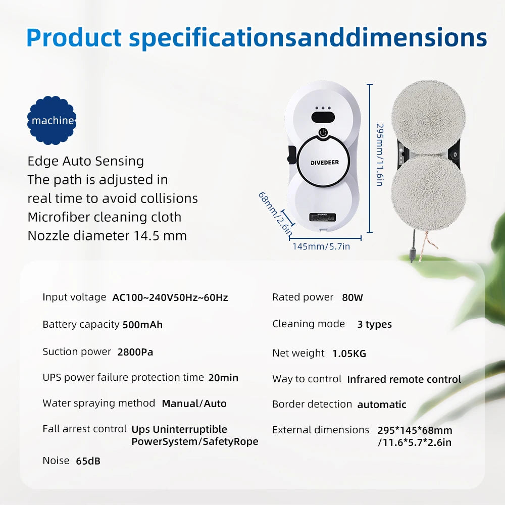 DIVEDEER Fensterputzroboter mit intelligentem Wasserspray, elektrischer Glasreiniger mit hoher Saugkraft, doppelseitiger Glasstaubsauger