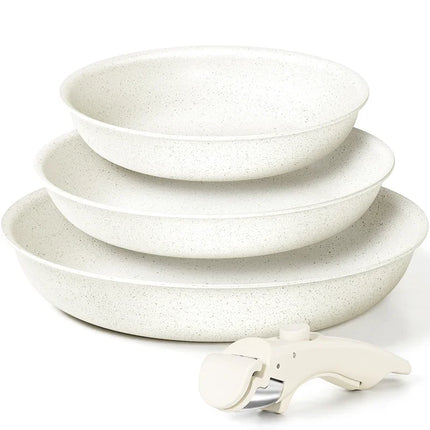 MICHELANGELO Set 3 Padelle Antiaderenti con Manico Rimovibile, Rivestimento Antiaderente Color Crema, Padelle Atossiche per Cottura a Forno