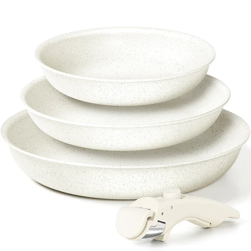 MICHELANGELO 3-teiliges antihaftbeschichtetes Pfannenset, abnehmbarer Griff, Cremefarben, antihaftbeschichtete Pfannen, ungiftige Pfannen für Backofen