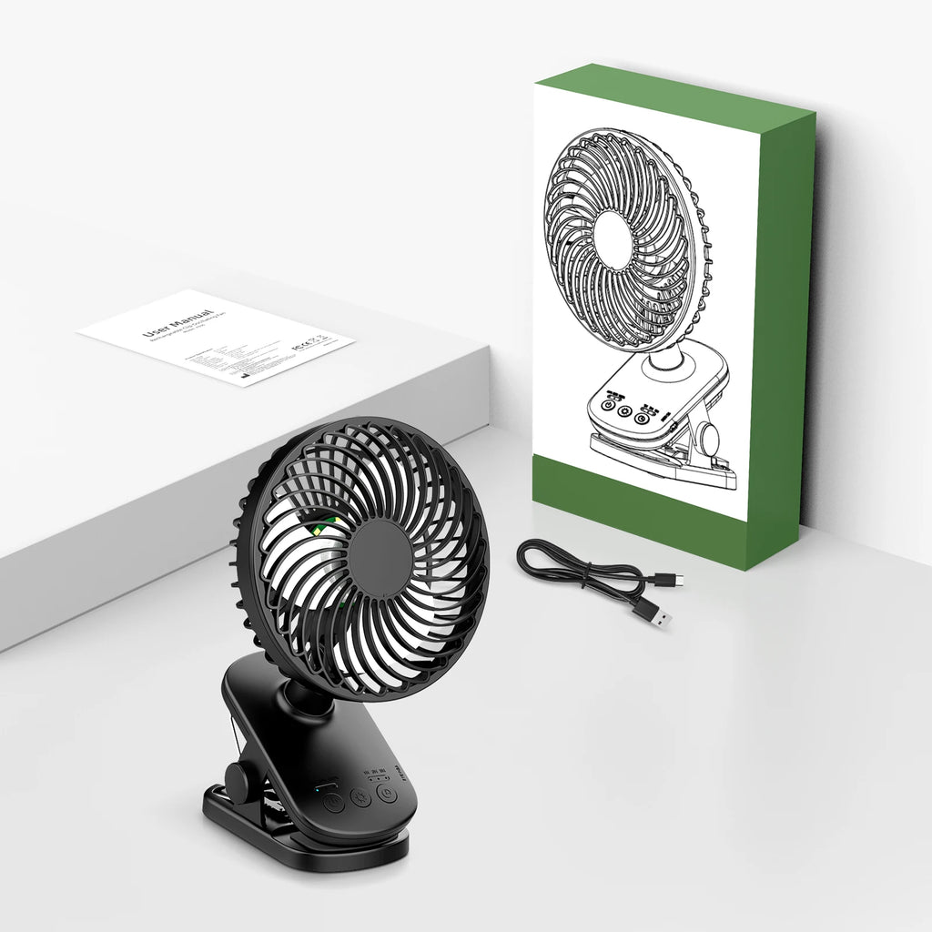 Mini Ventilatore Portatile a Clip, Ventilatore da Tavolo, 4 Velocità Silenziose con Rotazione a 360° °   Lampada da Campeggio con Oscillazione Automatica della Testa, Alimentazione ad Aria, Batteria da 4000mAh