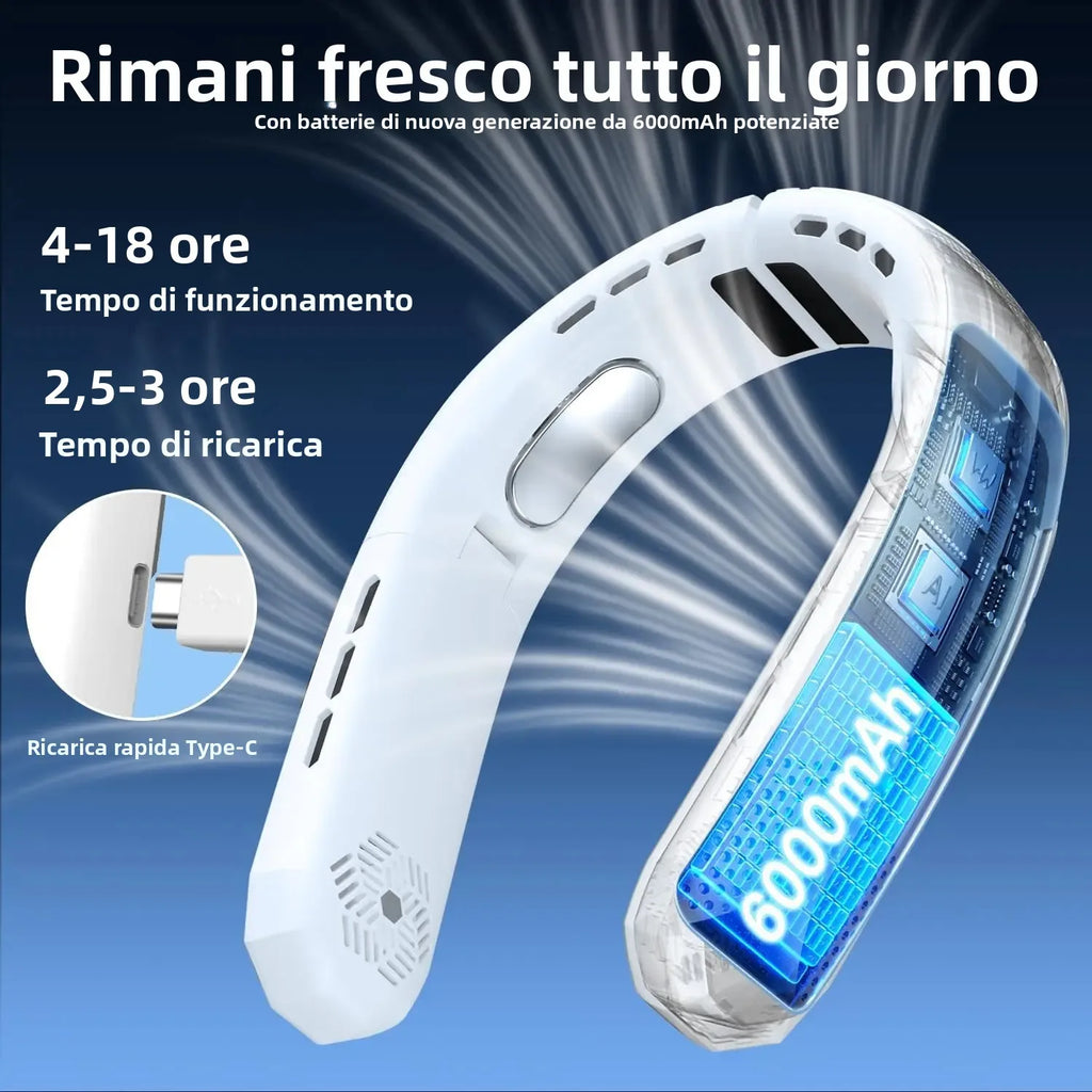 Ventilatore da Collo Portatile, Ventilatore da Collo Ricaricabile con Batteria da 6000mAh, 360° °   Ventilatore personale rinfrescante, ventilatore pieghevole silenzioso a 3 velocità per campeggio, viaggi all'aperto e al c