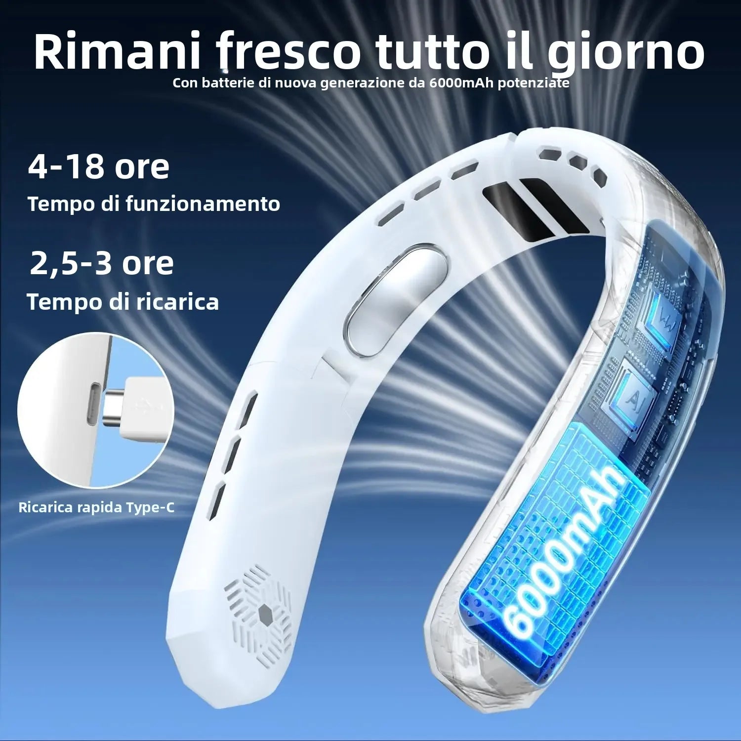 Ventilatore da Collo Portatile, Ventilatore da Collo Ricaricabile con Batteria da 6000mAh, 360° °   Ventilatore personale rinfrescante, ventilatore pieghevole silenzioso a 3 velocità per campeggio, viaggi all'aperto e al c