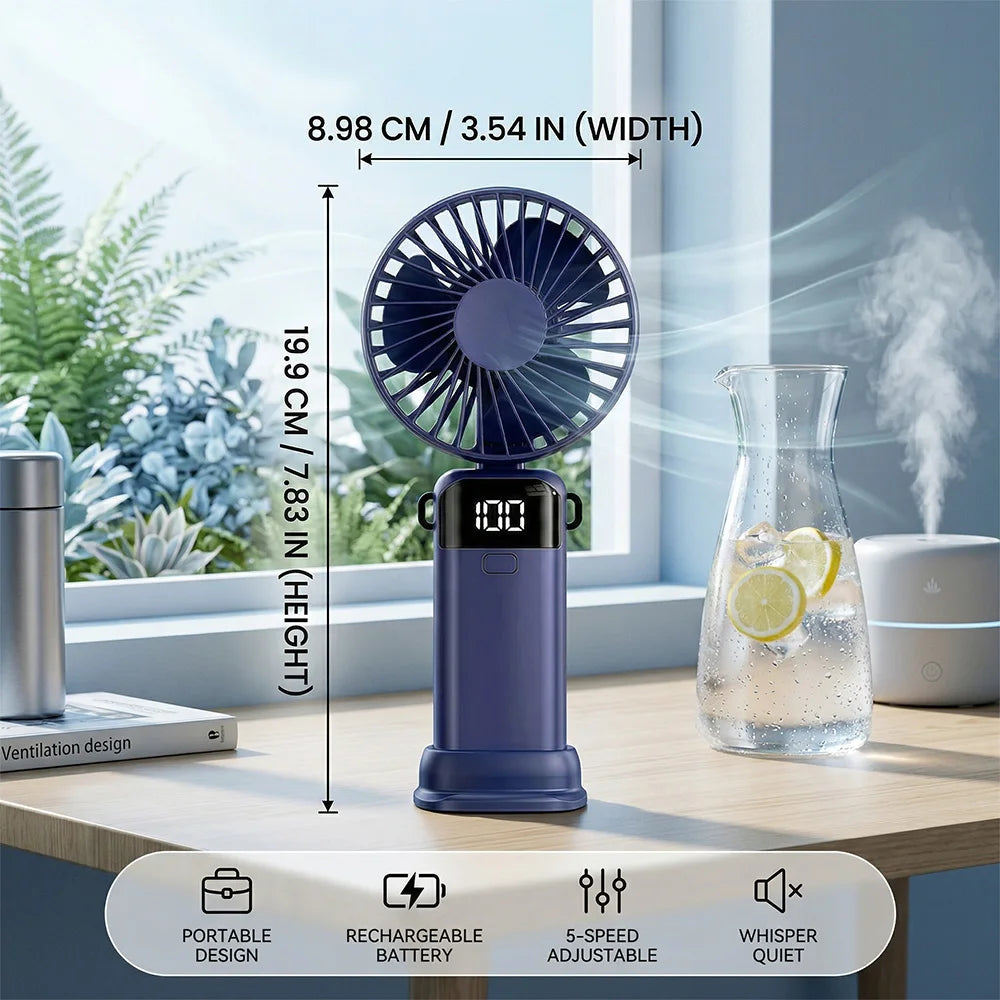 Mini Ventilatore USB con Display LED, Silenzioso 3 Velocità, Ricaricabile 1200mAh, Portatile da Scrivania per Ufficio Casa Viaggio, 2 Colori (Blu Marino/Verde Oliva)