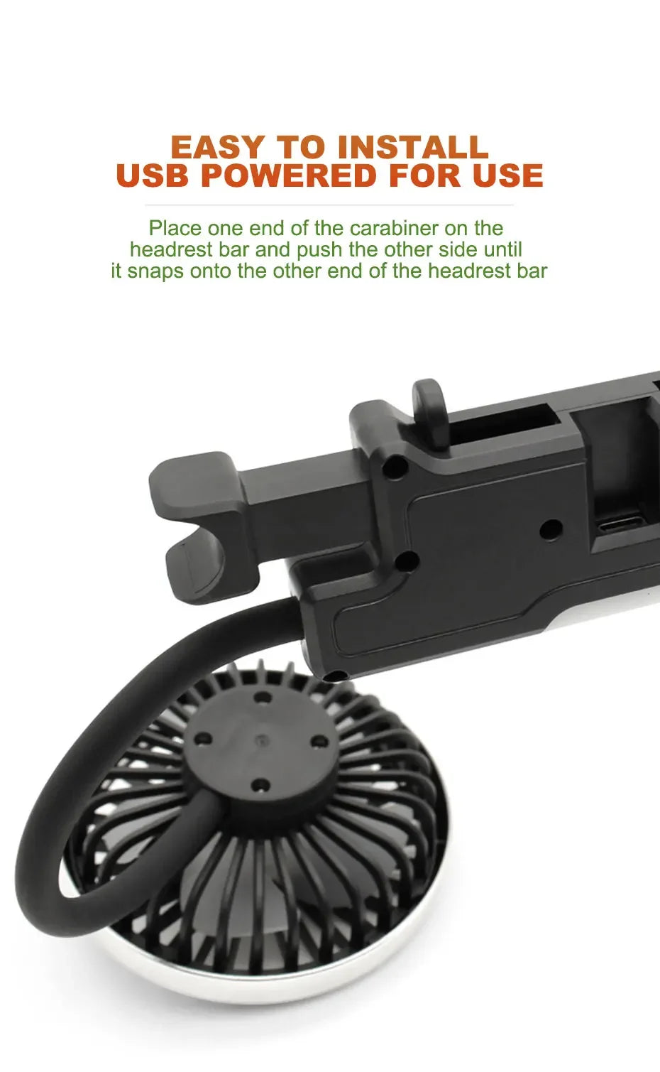 Ventilatore portatile USB a doppia testa regolabile con interruttore indipendente, 3 velocità 360° °   Ventilatore da Poggiatesta per Auto, per Casa e Sedile Posteriore