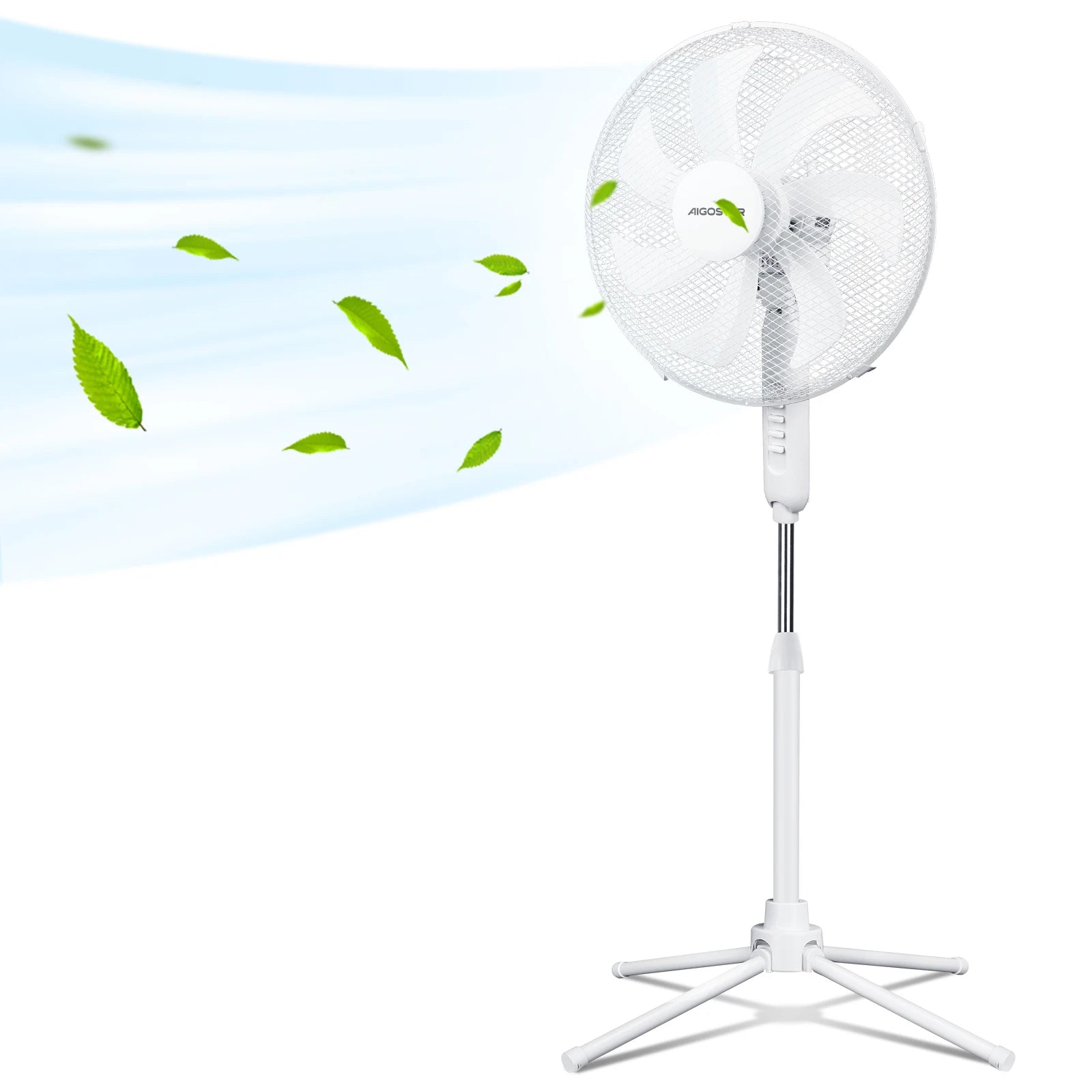 Aigostar Erika - Ventilatore a piantana, 7 pale, diametro di 41 cm, 50W, ventilatore silenzioso con oscillazione di 75°, 3 velocità, altezza regolabile da 108-123 cm, bianco