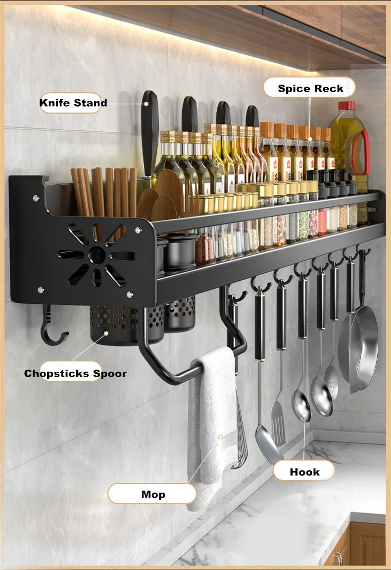 Scaffale per organizer da cucina Scaffale per spezie a parete Portacoltelli da cucina Condimento a parete Bacchette Cucchiaio Pala per riporre Sheif
