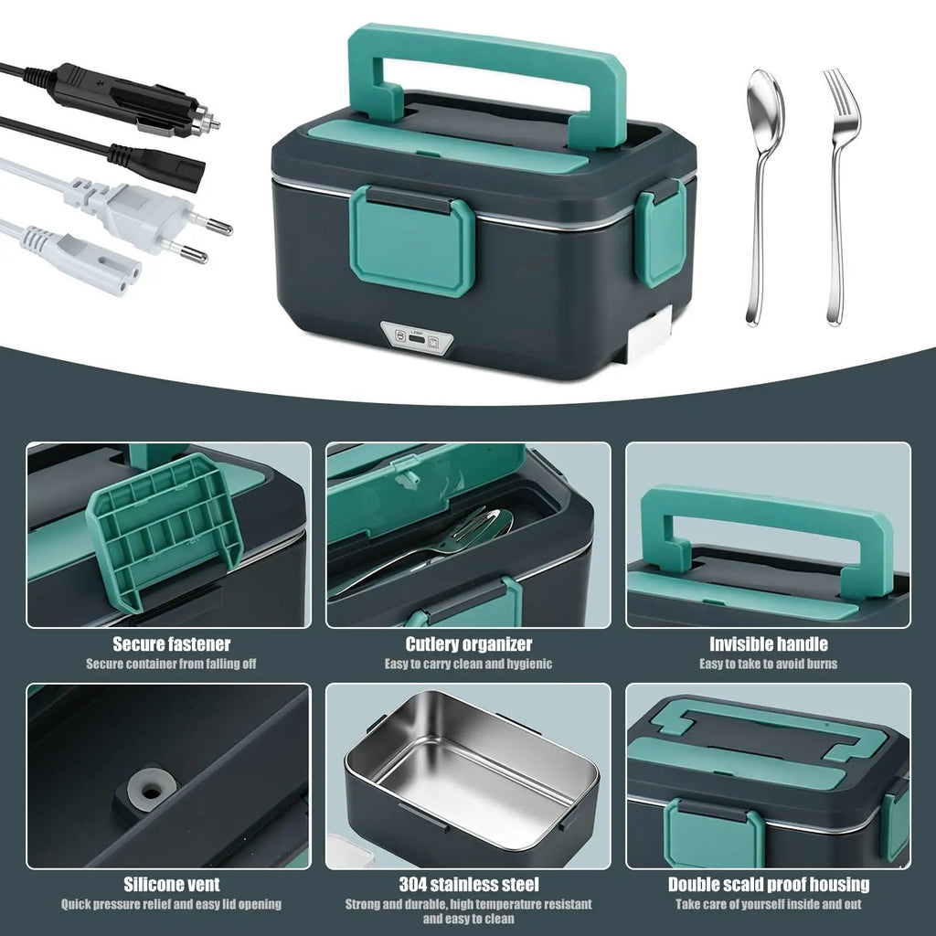90-W-tragbarer Speisenwärmer für Auto & Zuhause, 2,5 l elektrischer Lunchbox-Speisenwärmer, auslaufsicherer Behälter aus Edelstahl, schnell aufheizende Mahlzeiten