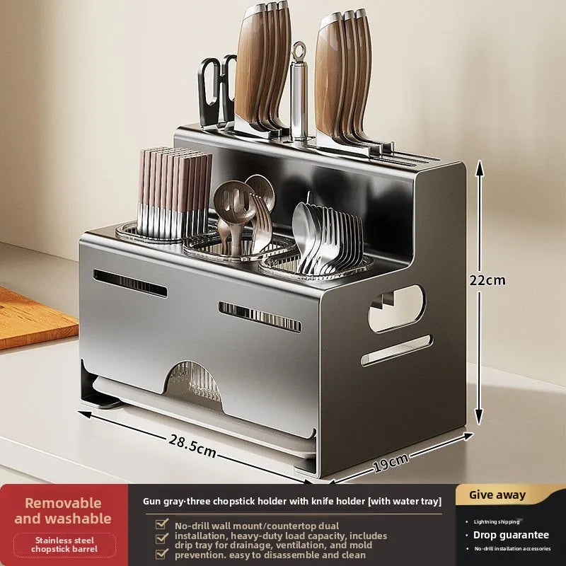Porta Utensili da Cucina Multifunzionale con Porta Bacchette Integrato, Organizzatore da Parete Senza Foratura per Coltelli e Utensili