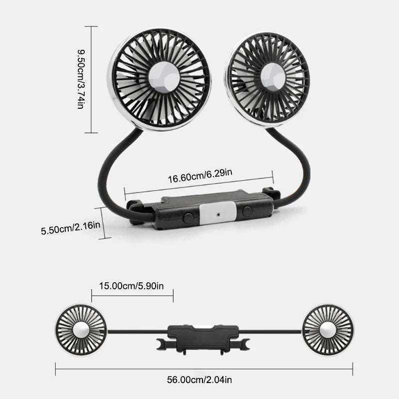 Ventilatore portatile USB a doppia testa regolabile con interruttore indipendente, 3 velocità 360° °   Ventilatore da Poggiatesta per Auto, per Casa e Sedile Posteriore