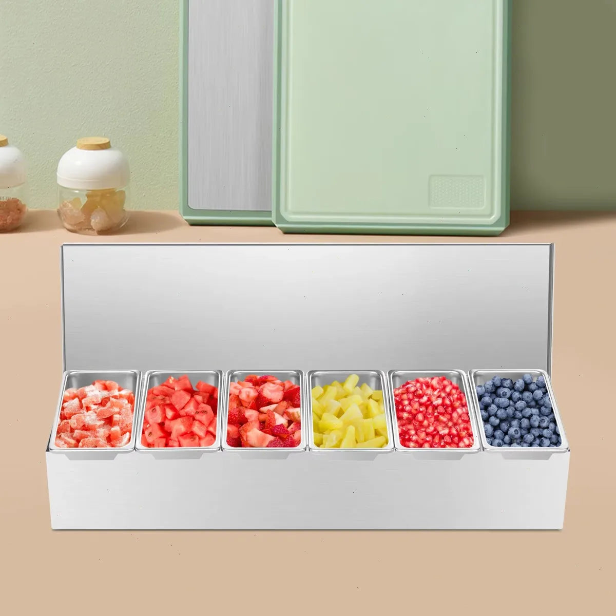6-Fächer-Gewürzregal (46*15*9cm), Gewürzbehälter aus Edelstahl mit herausnehmbaren Trennwänden, Küchen-Arbeitsplatten-Organisation, Obstkorb