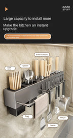 Mensola da cucina senza attrezzi, accessori da cucina, tubo per bacchette multifunzionale a parete, deposito per coltelli e attrezzi