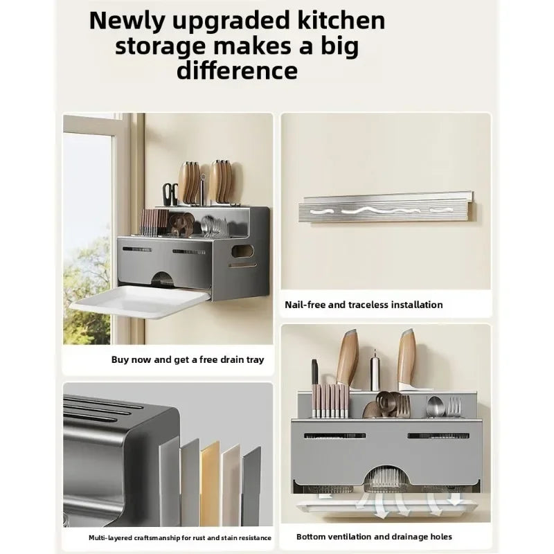 Porta Utensili da Cucina Multifunzionale con Porta Bacchette Integrato, Organizzatore da Parete Senza Foratura per Coltelli e Utensili