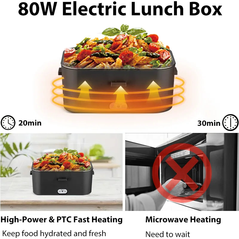 1.8L Portable Electric Lunch Box, 80W Fast Heating with 304 Stainless Steel Inner Container, 12V/24V Car Bento Box with Insulated Bag for Food and Fruit Preservation