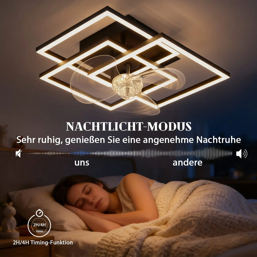 Ventilatore da soffitto nero a 3 teste con cornice quadrata, 33 cm, telecomando dimmerabile
