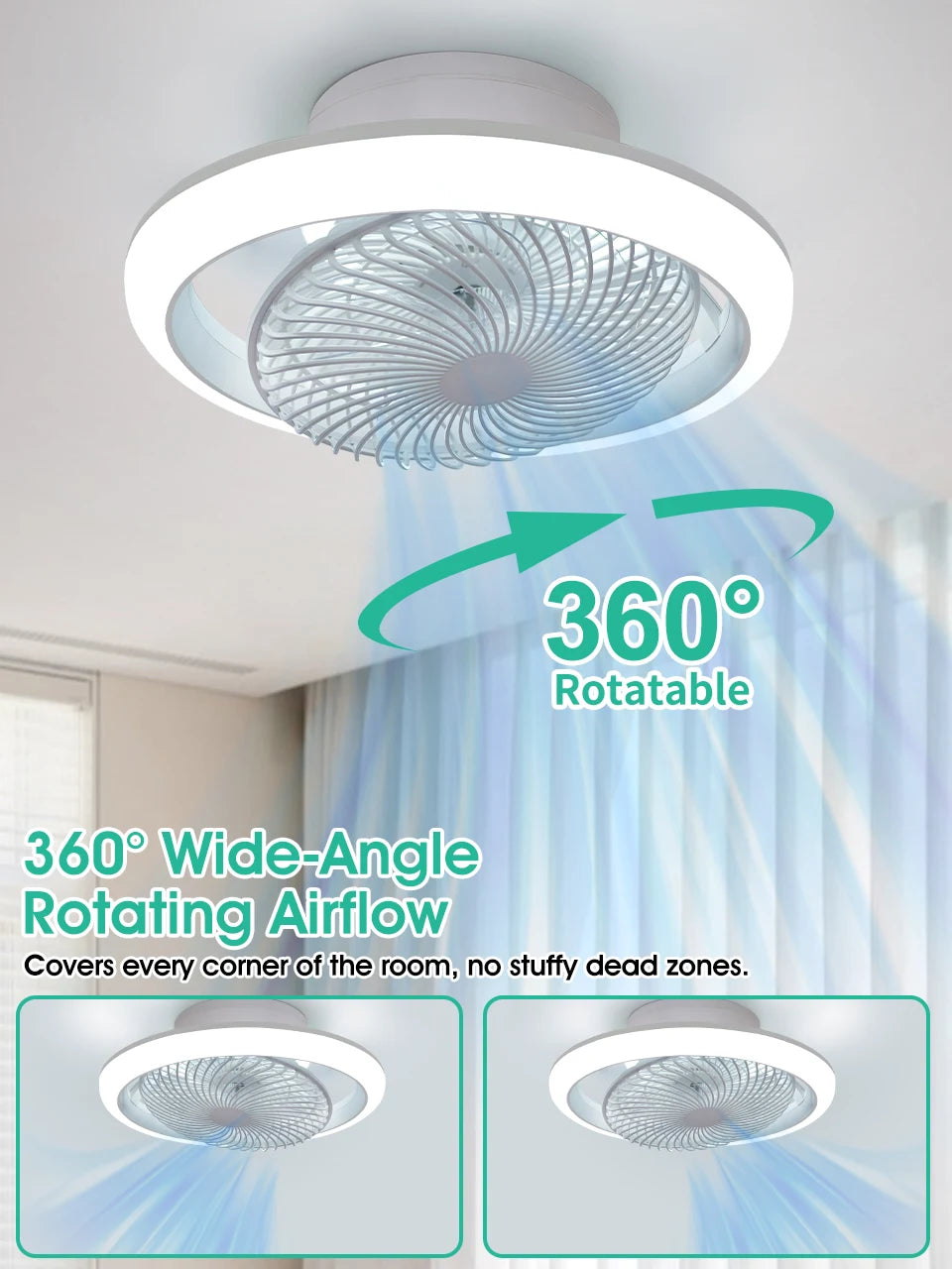 Ventilatore da Soffitto Intelligente con Luci a 360° °   Lampada Ventilatore Moderna Girevole con Controllo Remoto APP, Dimmerabile, 6 Velocità del Vento, Flusso d'Aria Reversibile per Interni