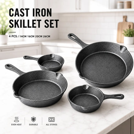 Set di 4 padelle in ghisa non rivestita, padelle di diverse dimensioni 14/16/20/26 cm, pentole con ritenzione uniforme del calore, compatibili con induzione, gas e fuoco aperto per cucinare in cucina