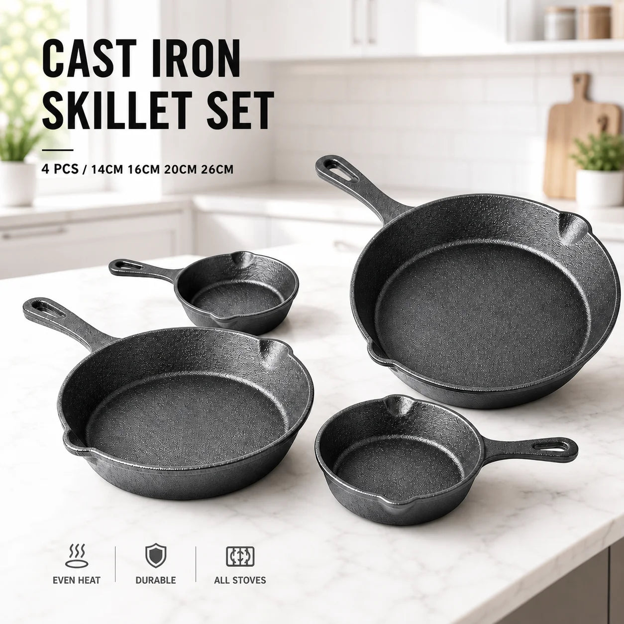 Set di 4 padelle in ghisa non rivestita, padelle di diverse dimensioni 14/16/20/26 cm, pentole con ritenzione uniforme del calore, compatibili con induzione, gas e fuoco aperto per cucinare in cucina