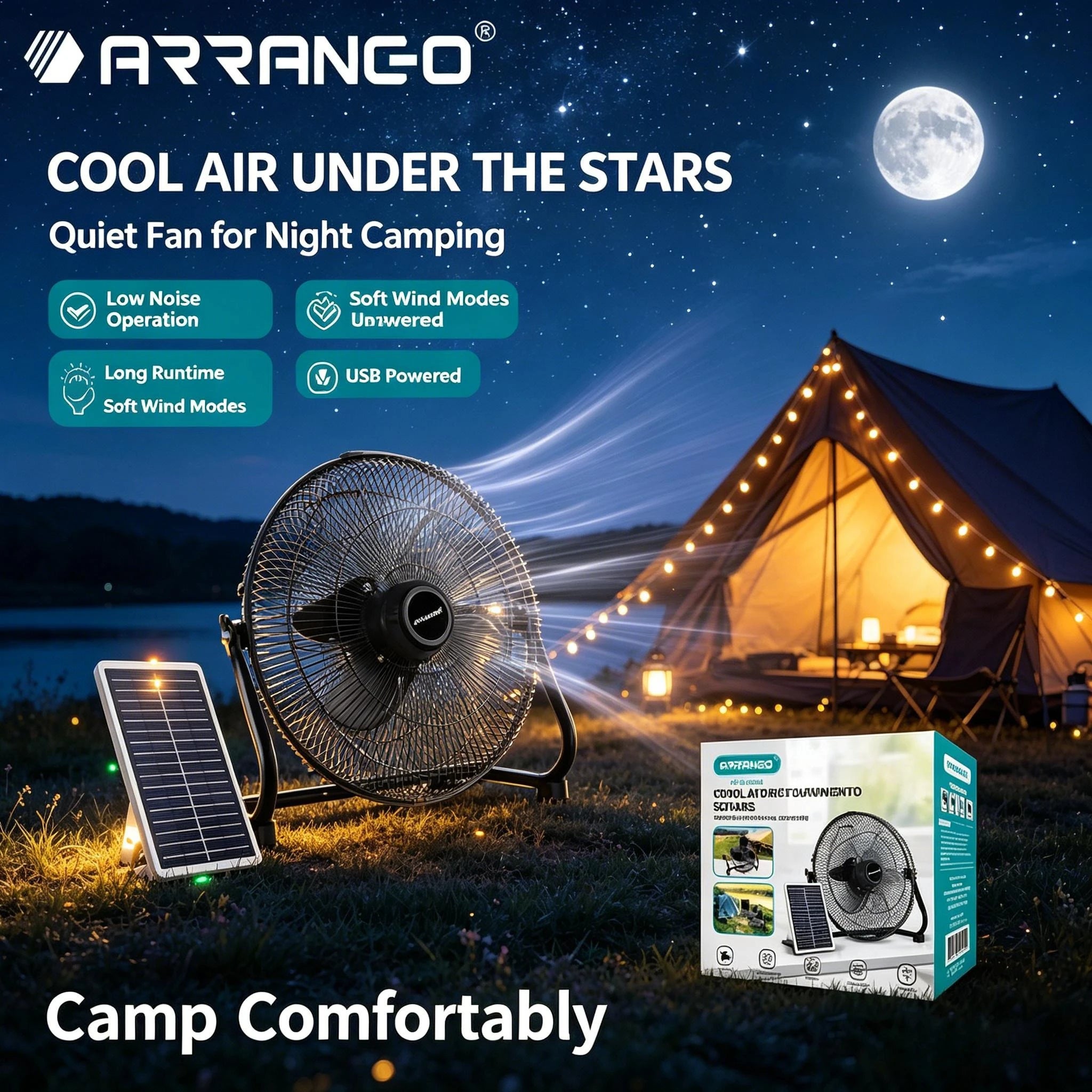 Arrango Solar-Standventilator, groß, wiederaufladbar, leise, 3 Geschwindigkeiten, tragbar, mit Solarpanel, für Camping, Zelt, Outdoor, Notfall, Hausbelüftung