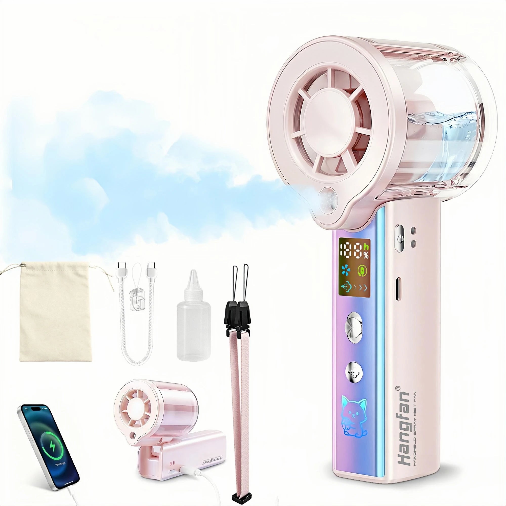 Ventilatore portatile a spruzzo 4 in 1, ventilatore ricaricabile a batteria USB ultra-grande, regolabile a 100 corse, mini ventilatore, ventilatore personale pieghevole, schermo LED, per trucco / concerti (lila)