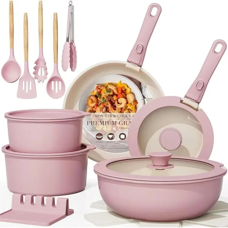 Set di Pentole di Lusso in Alluminio con Rivestimento Antiaderente in Granito, Elegante Set di Pentole in Ceramica Rosa