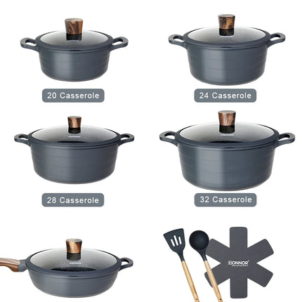 Donnor Set di pentole da 15 pezzi Serie Wave Set di pentole antiaderenti Casseruola con rivestimento in granito Utensili da cucina senza fumo