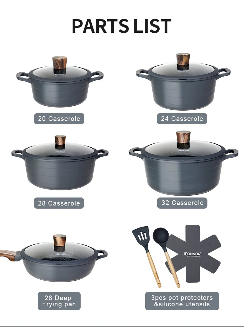Donnor Set di pentole da 15 pezzi Set di pentole antiaderenti serie Wave Casseruola con rivestimento in granito Utensili da cucina senza fumo