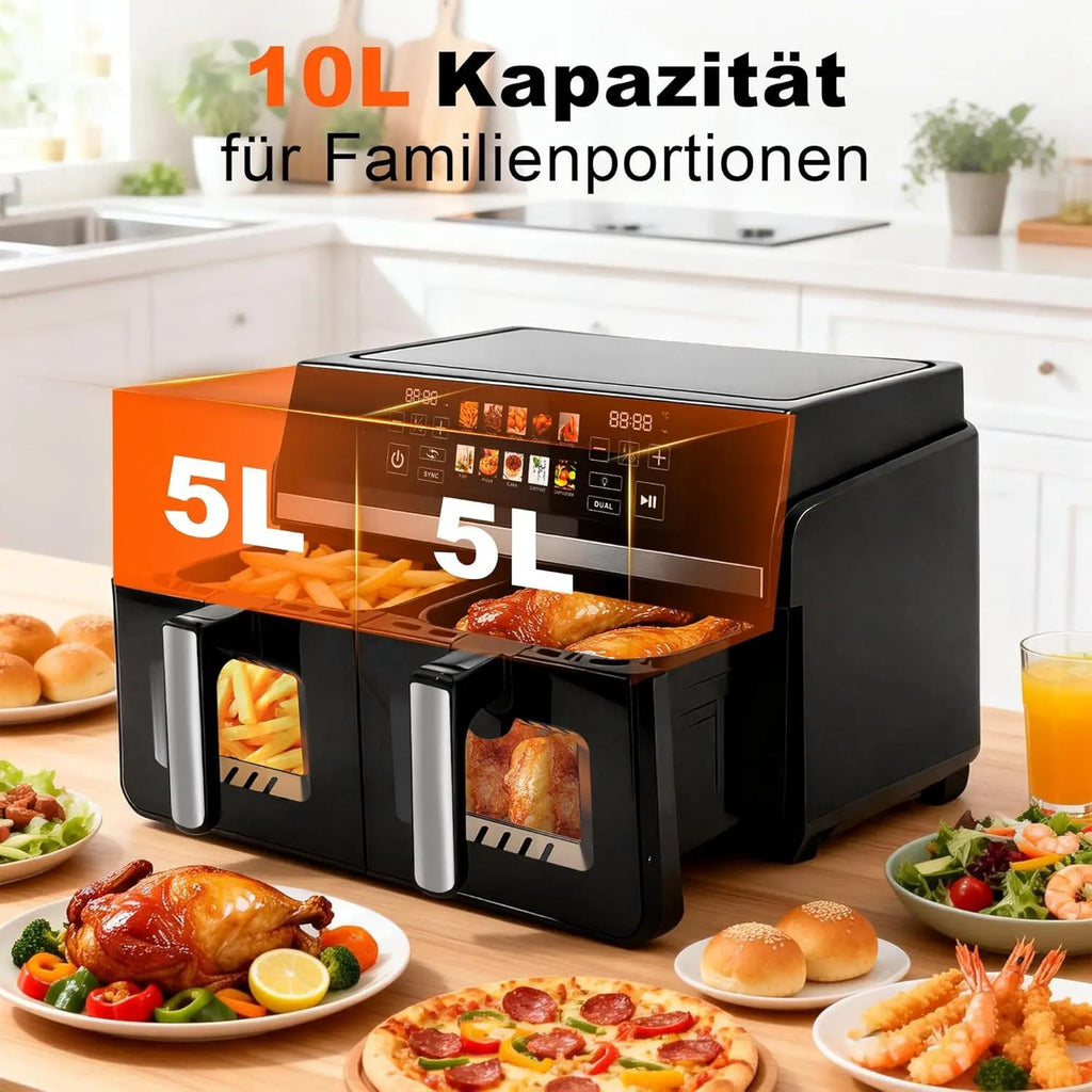 Doppelkorb-Heißluftfritteuse 5+5L, intelligenter Touchscreen, Sichtfenster und einstellbare Bedienelemente, 2200W